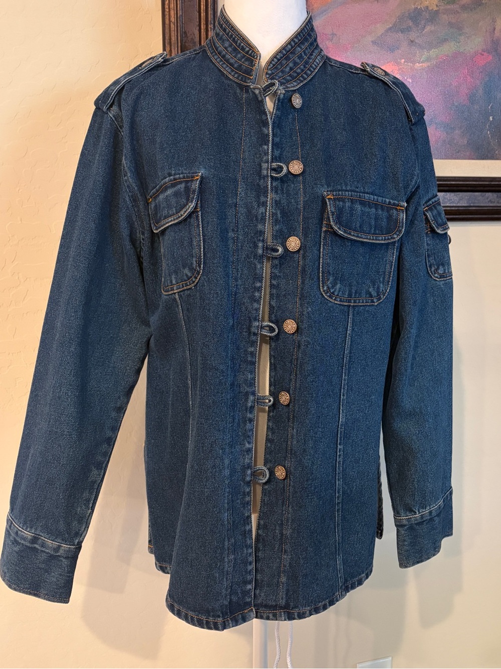 Vintage Bill Blass Classic Dark Blue Denim Jacket - Military Style Size Large